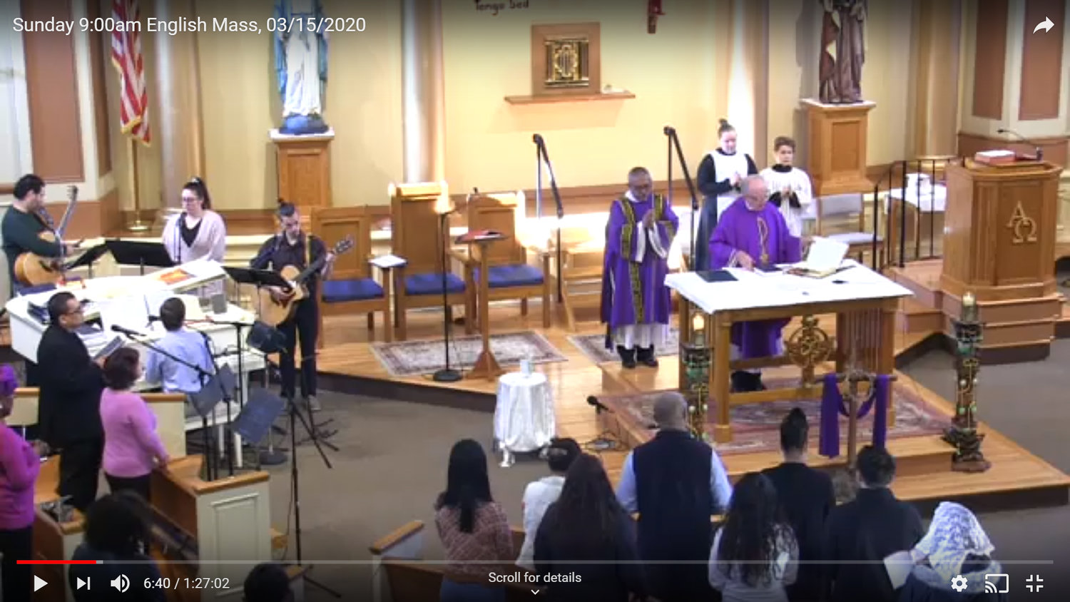 Many parishes throughout the Diocese of Providence are offering live streaming Masses in the wake of the coronavirus pandemic, following Bishop Thomas J. Tobin’s directive that all public Masses be suspended in the Diocese of Providence until further notice. Pictured are screenshots from LIVE Masses this past weekend: Father Nicholas Smith at St. Patrick Church, Providence.